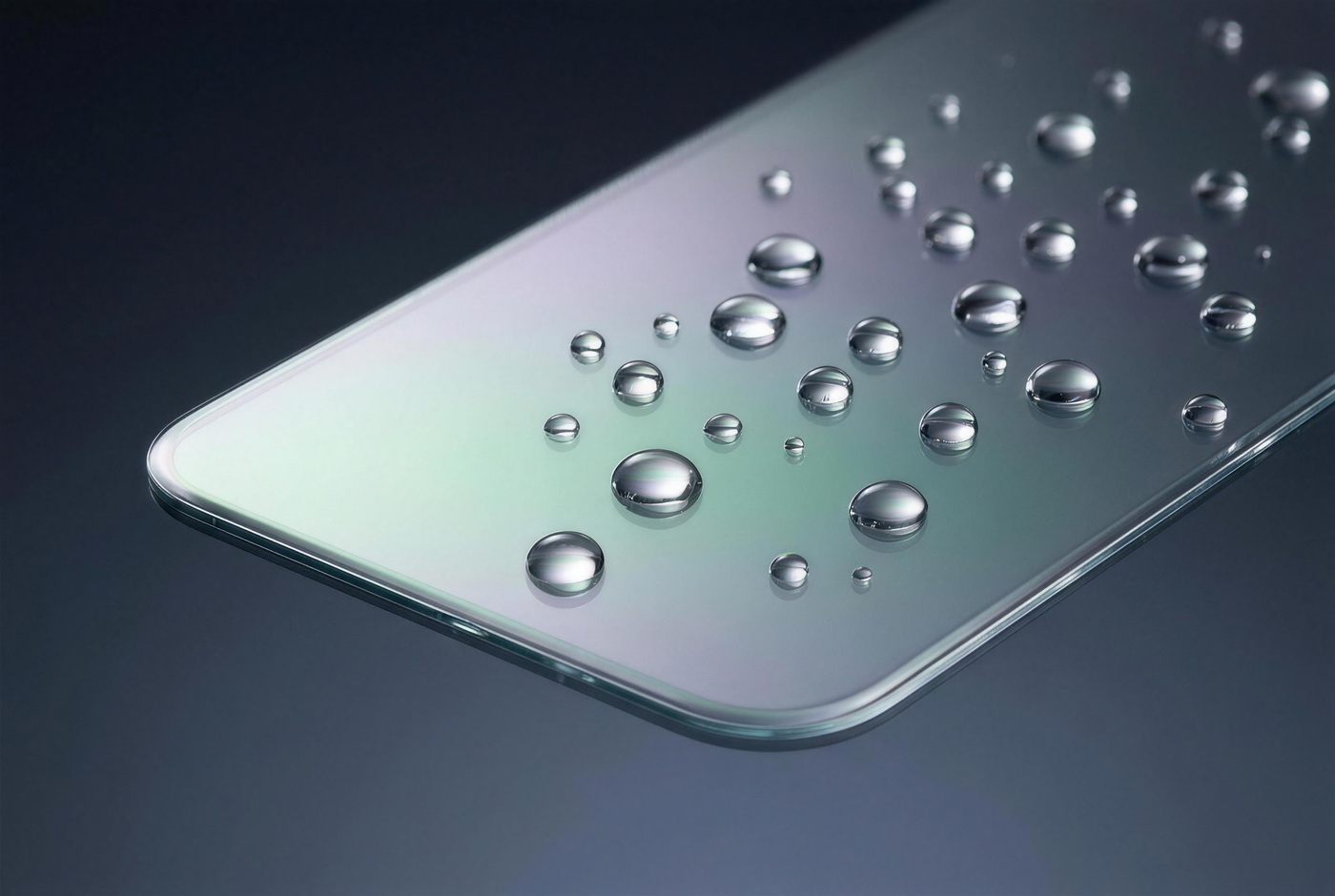 Macro of SunView AR tempered glass surface with water droplets beading on the anti-reflective coating
