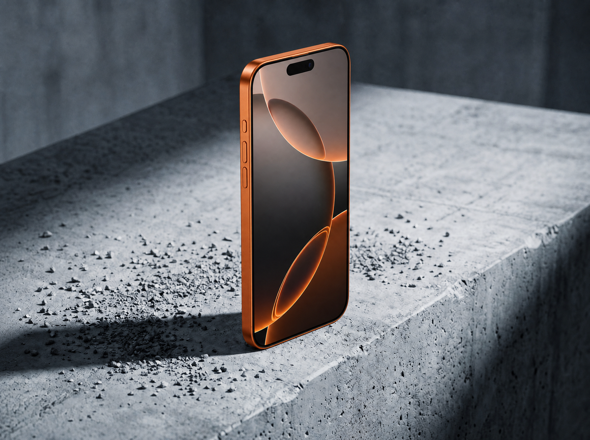 iPhone 17 Pro Cosmic Orange with TORRAS SunView AR glass on a concrete ledge — 10FT drop protection