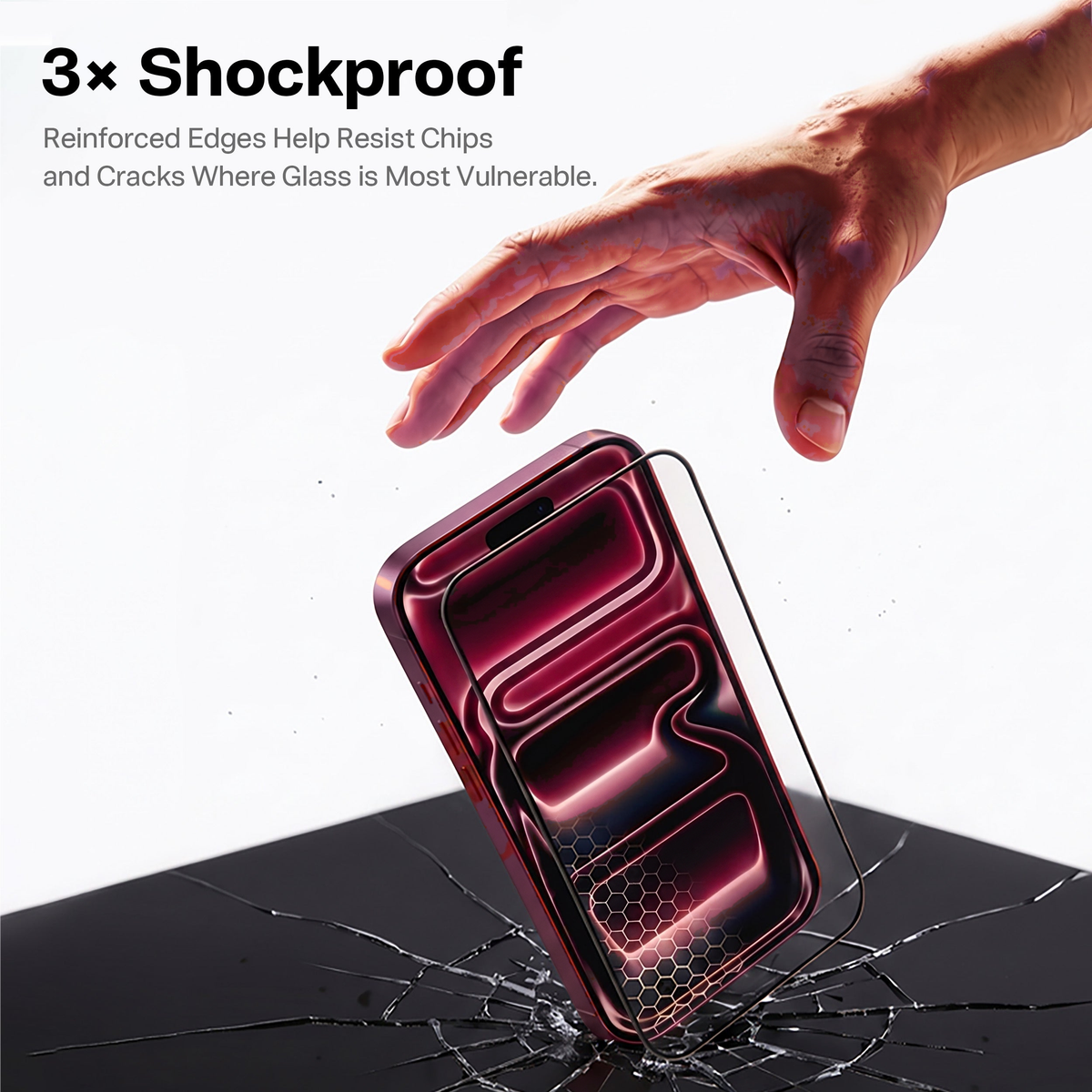 3x shockproof: reinforced edges resist chips and cracks, shown over shattered glass