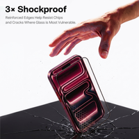 3x shockproof: reinforced edges resist chips and cracks, shown over shattered glass
