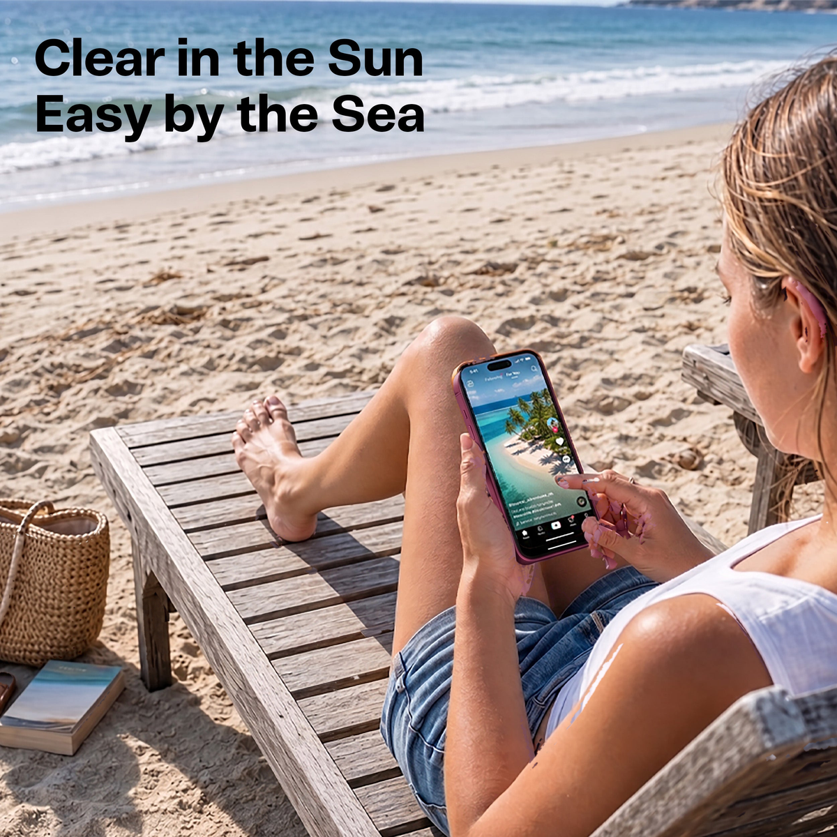 Woman on a beach lounger reading her phone screen in bright sun, captioned clear in the sun