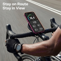 Cycling computer readout on a handlebar-mounted phone, captioned stay on route, stay in view