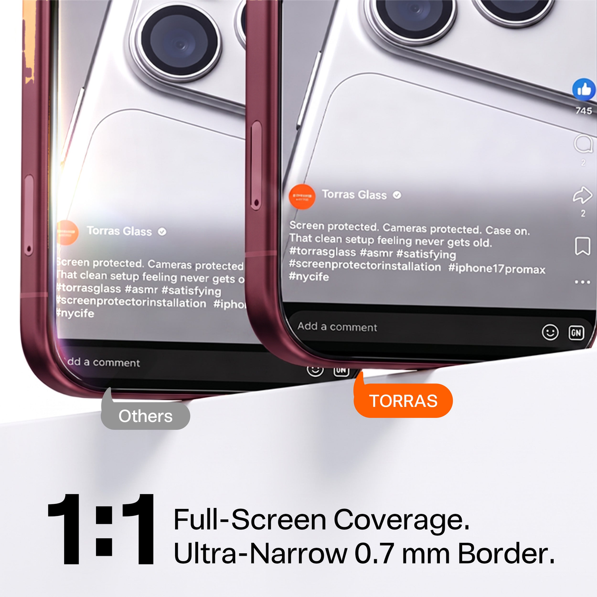 1:1 full-screen coverage with an ultra-narrow 0.7 mm border, compared against other protectors