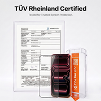 TUV Rheinland certificate shown beside the screen protector and its one-pull tray