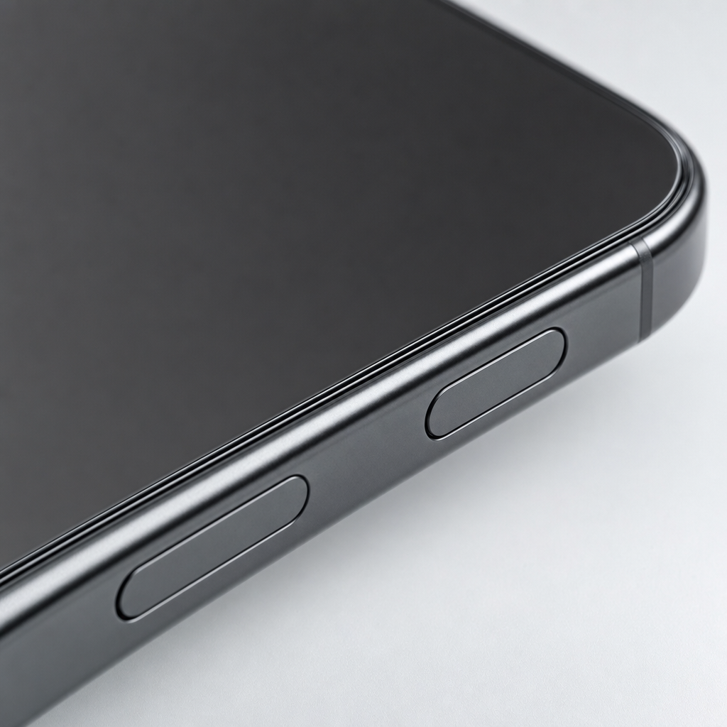 Macro of the ultra-narrow 0.7mm edge of the SunView AR protector on iPhone 17 Pro Max