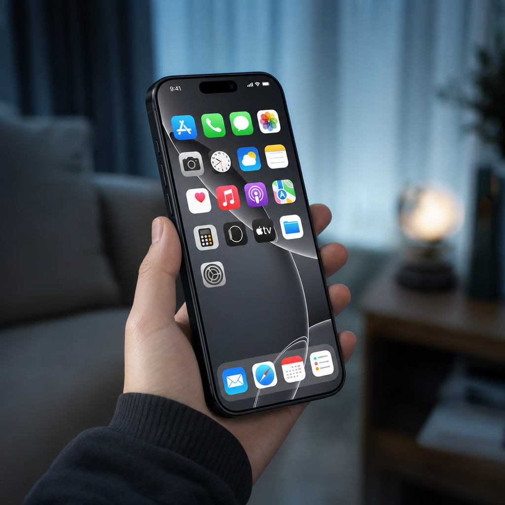 iPhone 17 Pro Max with SunView AR protector, low-haze clear screen in the evening