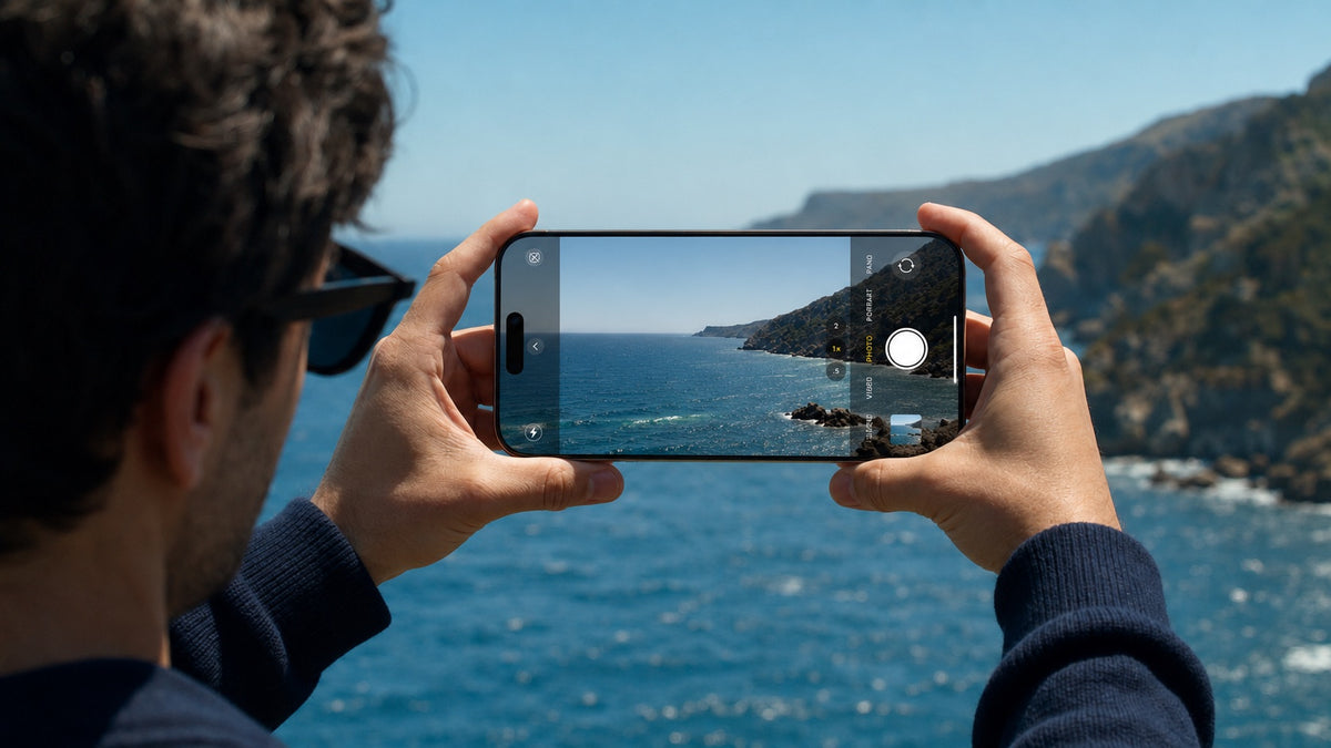 Filming the coastline with the iPhone camera — screen stays readable in direct sunlight with SunView Ultra AR
