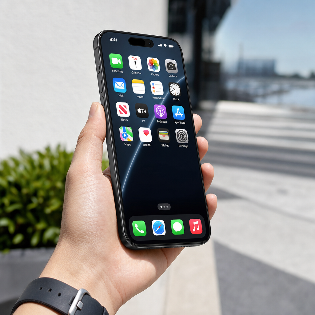 iPhone 17 Pro Max with TORRAS SunView AR protector, screen clear in bright sunlight
