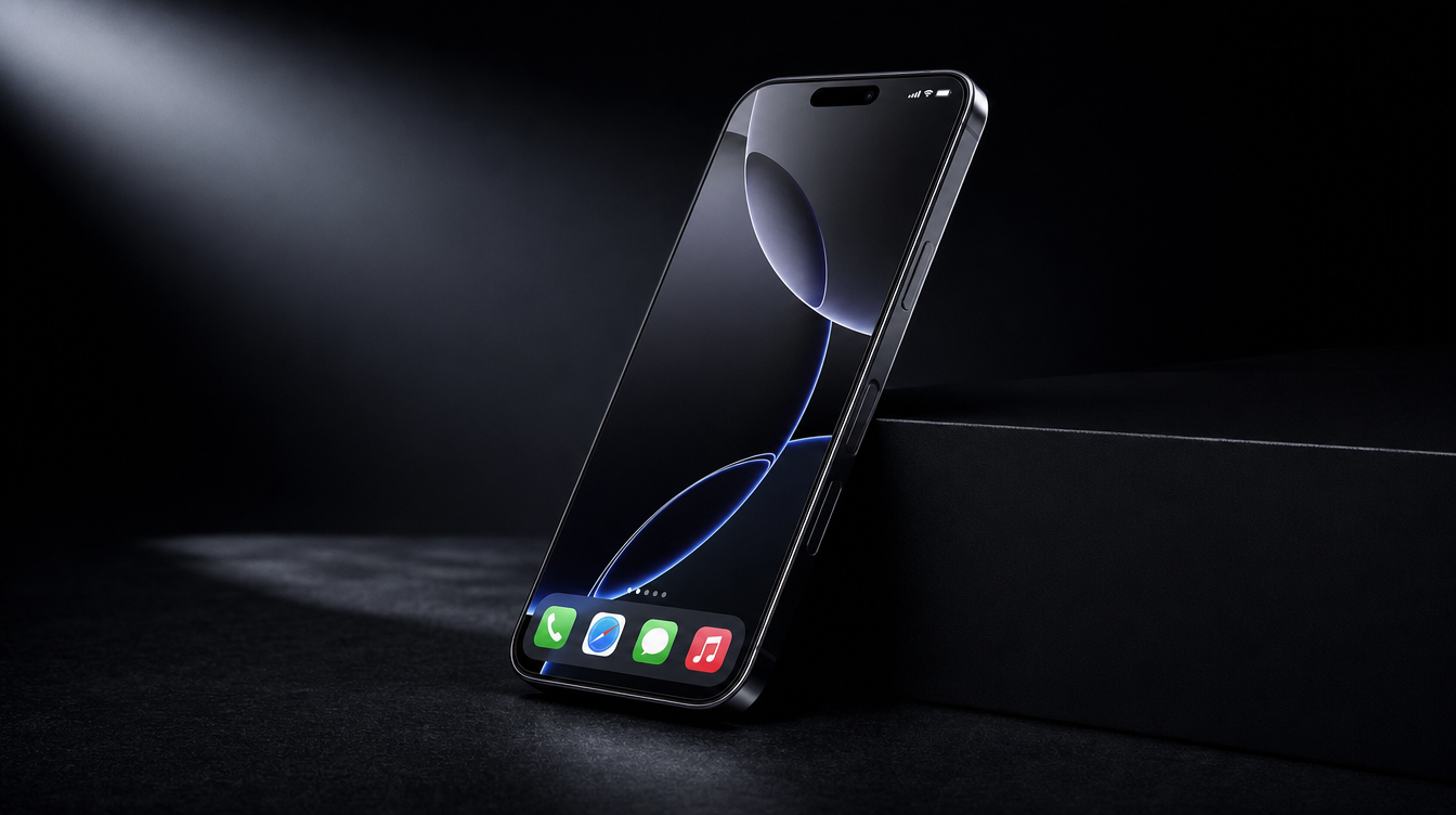 iPhone 17 Pro Max with SunView AR protector, dramatic dark studio hero