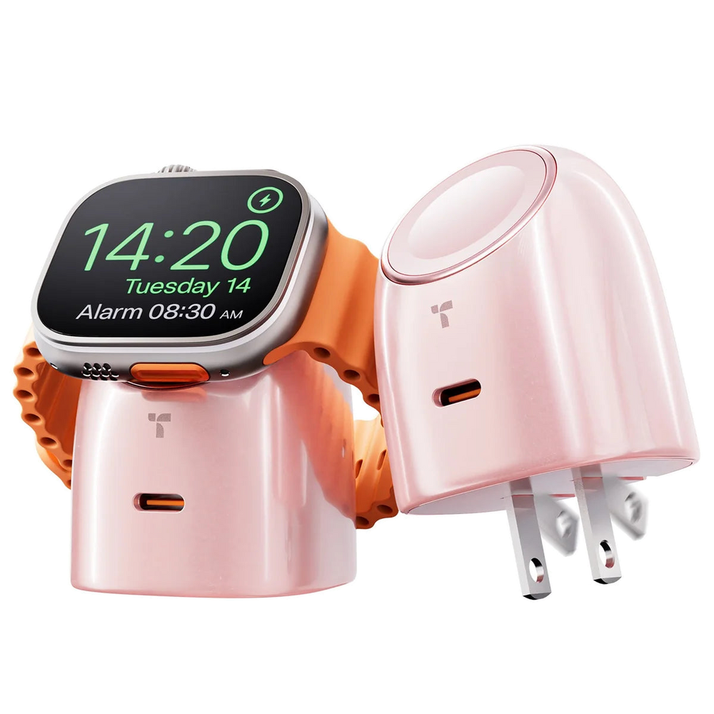 A pink TORRAS FlashEye watch charger holding a smartwatch, beside a second unit showing its folding wall prongs