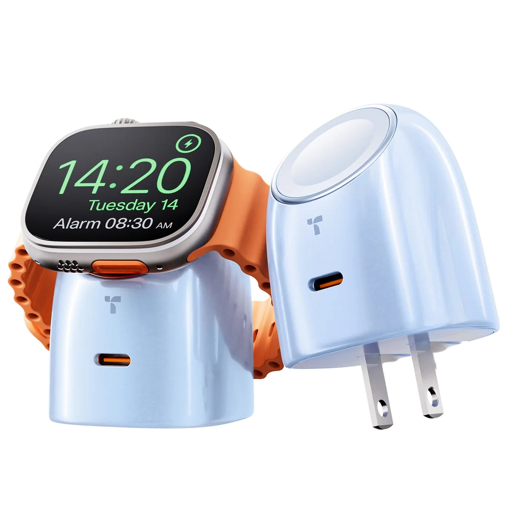 A light blue TORRAS FlashEye watch charger holding a smartwatch, beside a second unit showing its folding wall prongs