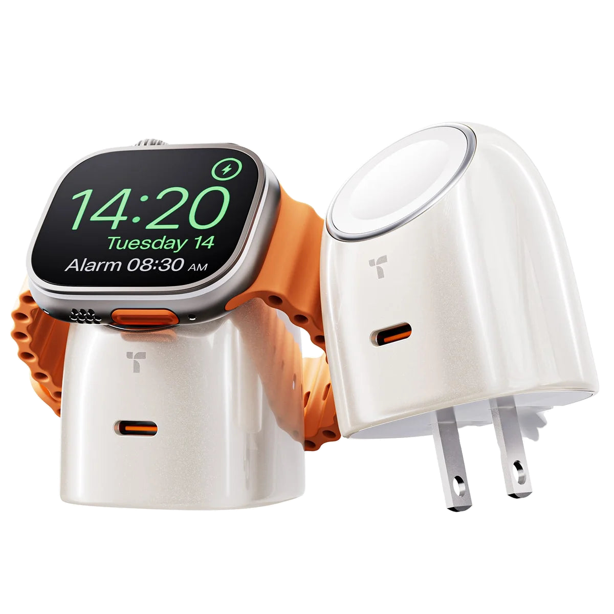 A white TORRAS FlashEye watch charger holding a smartwatch, beside a second unit showing its folding wall prongs