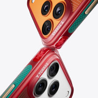 Close-up of two FPF camera corners, orange gradient above and red with a crest badge below