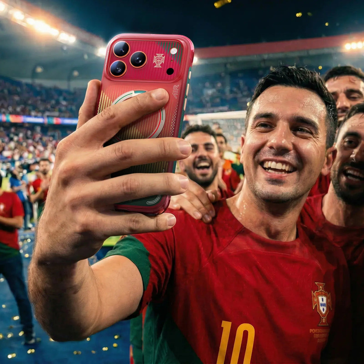 Player in a Portugal kit taking a stadium selfie at night with an iPhone in the red FPF case