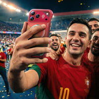 Player in a Portugal kit taking a stadium selfie at night with an iPhone in the red FPF case