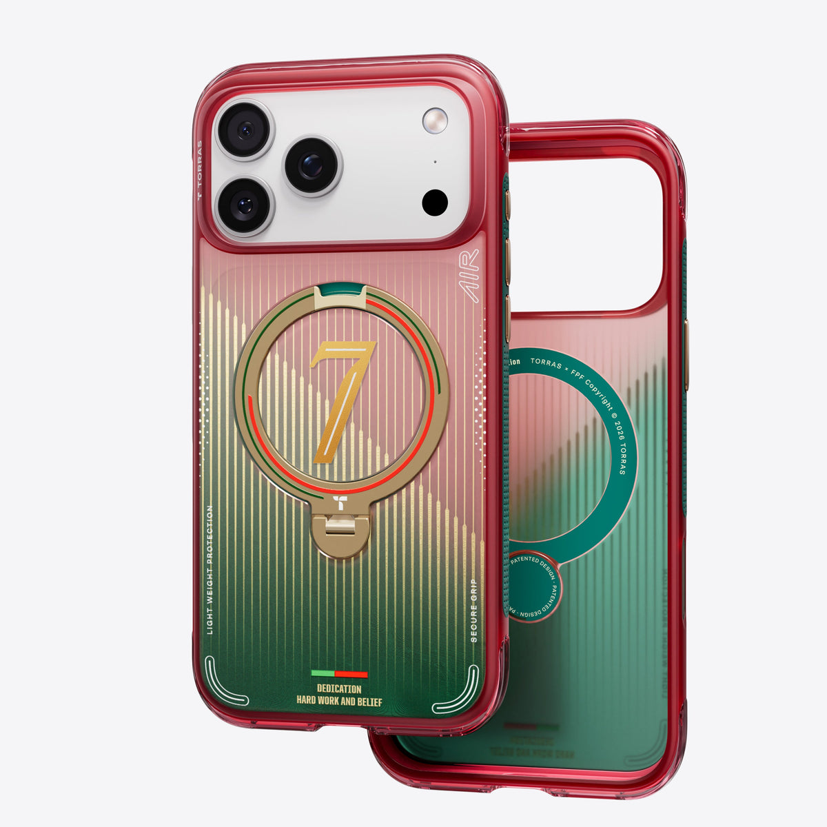 FPF limited edition case on iPhone 18 Pro Max beside an empty shell: red-to-green ribbed back, gold number 7 ring