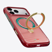 FPF limited edition case on iPhone 18 Pro Max at an angle: pink ribbed back, green-and-gold ring stand