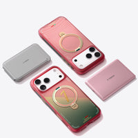 Flat lay of two FPF cases with a grey and a pink TORRAS magnetic power bank