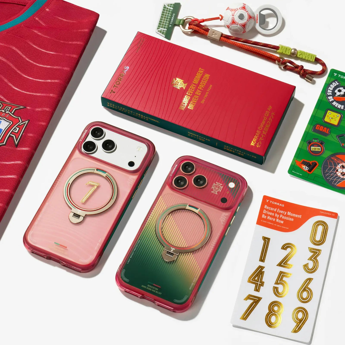 Flat lay of the FPF retail box, jersey, ball keyring, number stickers and two FPF cases
