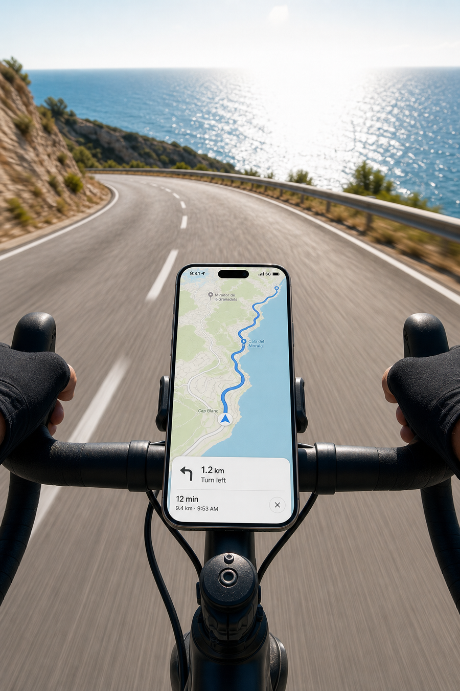 Cyclist's view of a phone on the handlebars showing a clear map while sun glares off the sea