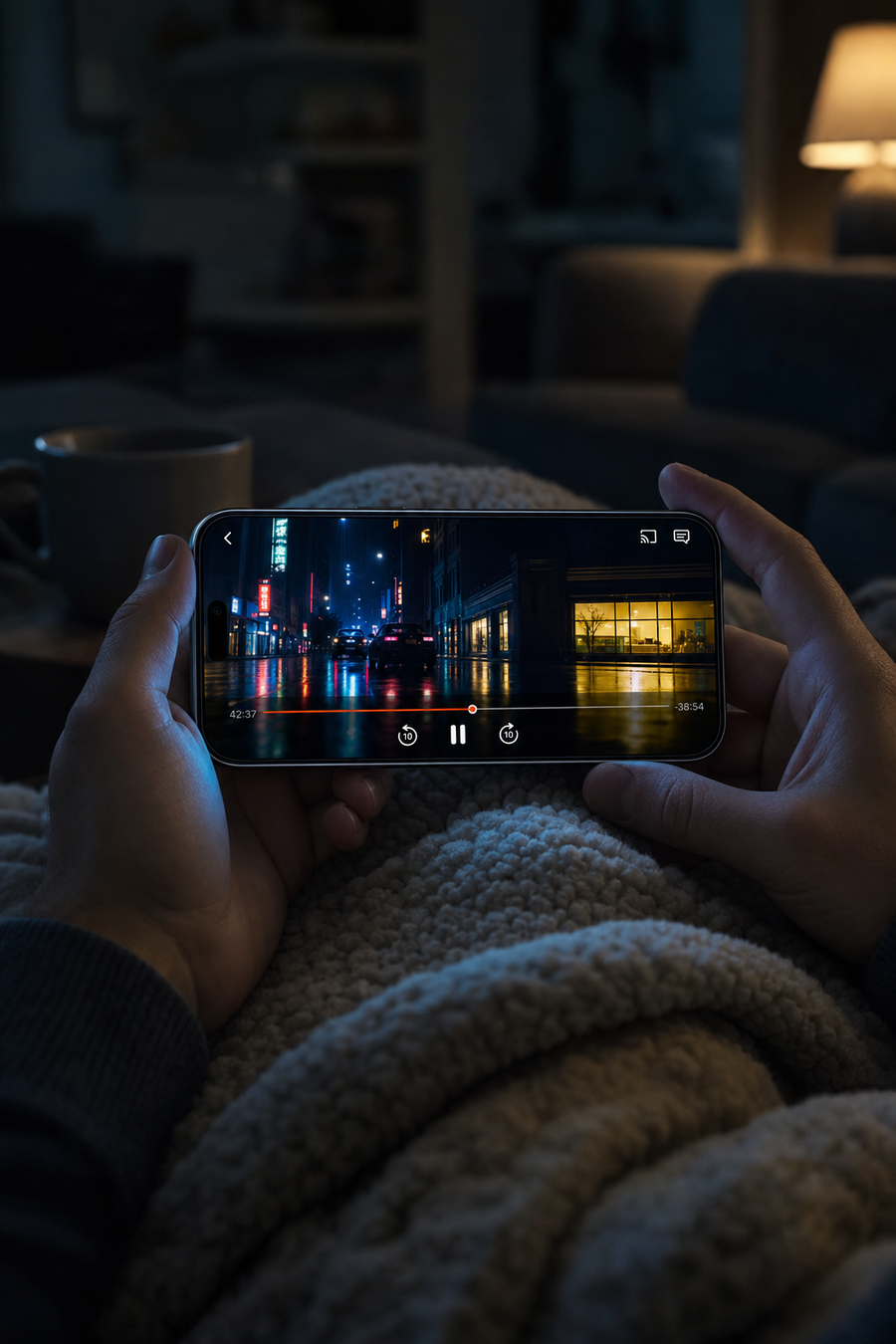 Watching a high-contrast night scene on a phone held landscape in a dark room