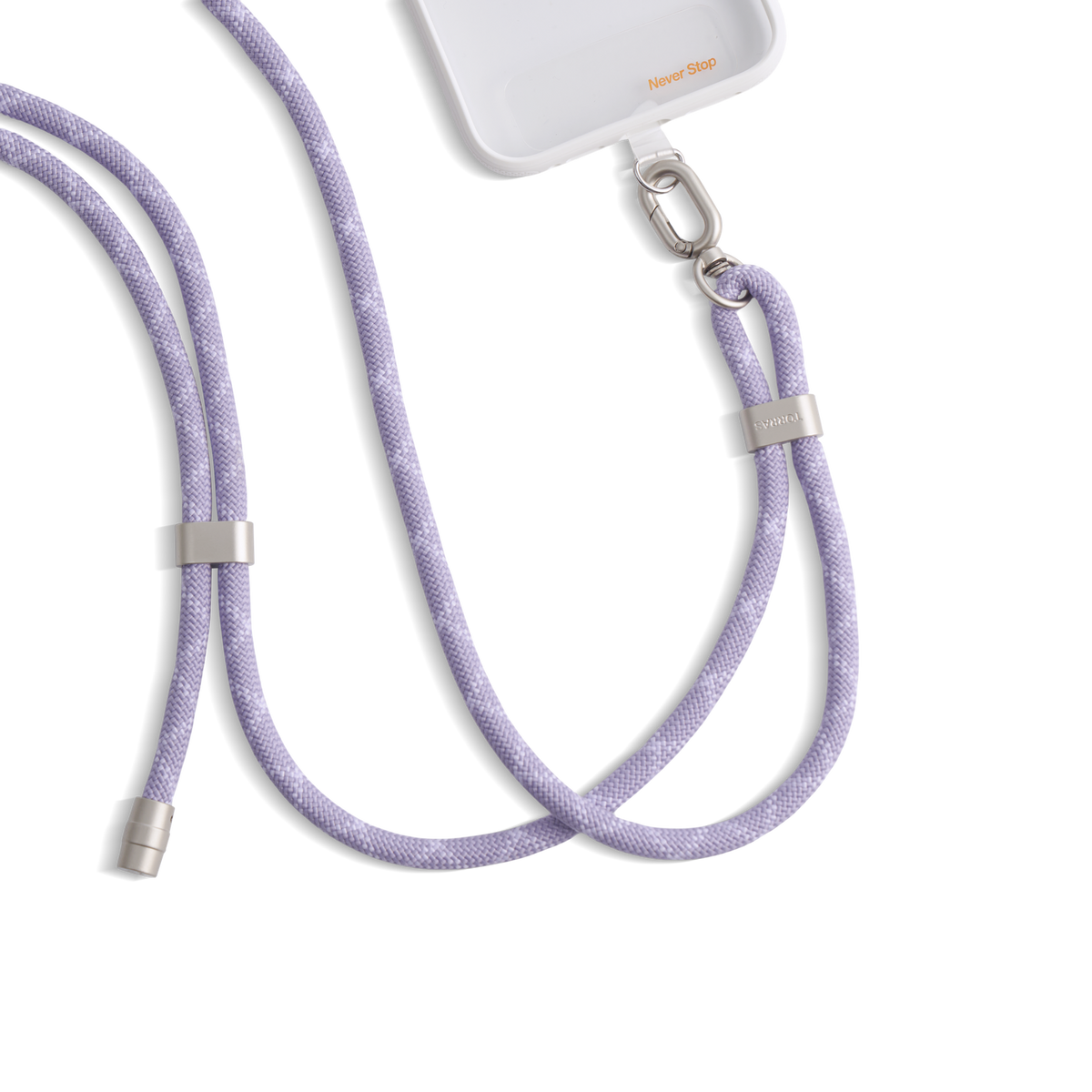 A lavender TORRAS LoopGo phone strap coiled beside its white phone-clip adapter