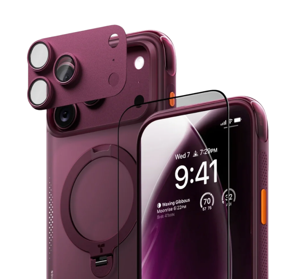 A burgundy iPhone 18 Pro in a TORRAS case with a lens protector, beside a tempered-glass screen protector