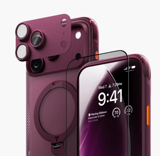 A deep-red iPhone with a TORRAS case and screen protector fitted