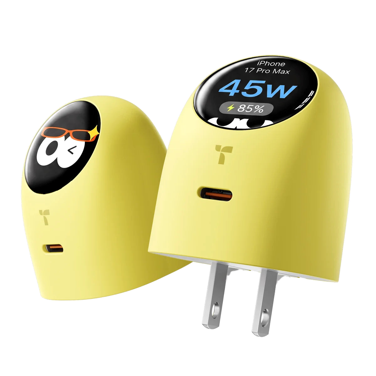 A yellow TORRAS FlashEye Dot charger, its round smart display showing the connected phone charging at 45W and 85 percent, beside a second unit showing an animated face and folding wall prongs