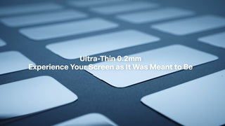 Rows of TORRAS ultra-thin tempered glass screen protectors angled across a deep blue surface, title card reading Ultra-Thin 0.2mm