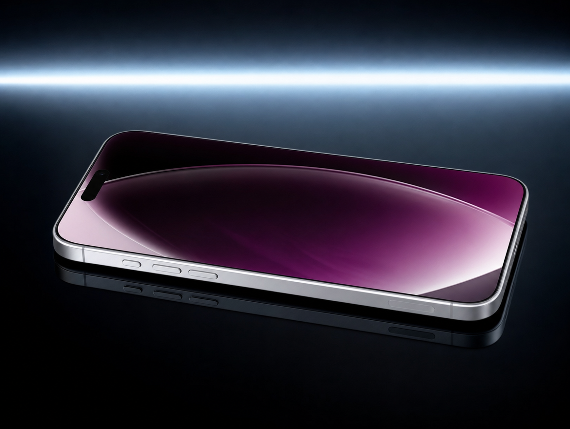 iPhone 18 Pro Max with OrigArmor AR lying on a glossy black surface, the display stays reflection-free under a bright light band