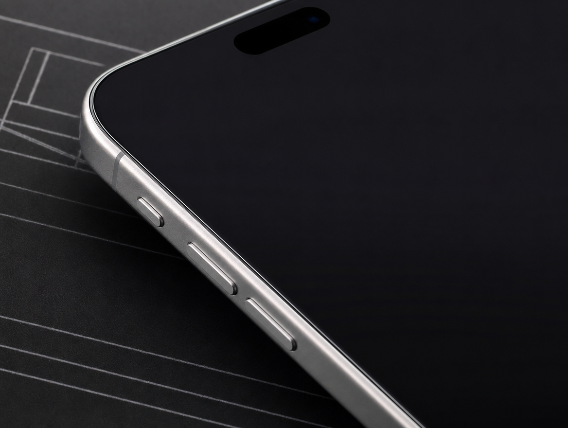 Macro of the OrigArmor 3D curved edge wrapping the iPhone 18 Pro Max display corner, flush with the frame
