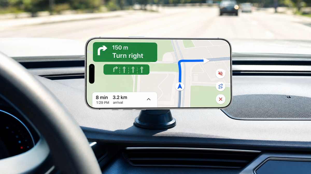 iPhone 18 Pro Max with OrigArmor AR on a car dashboard mount showing Apple Maps navigation, glare-free in bright sun