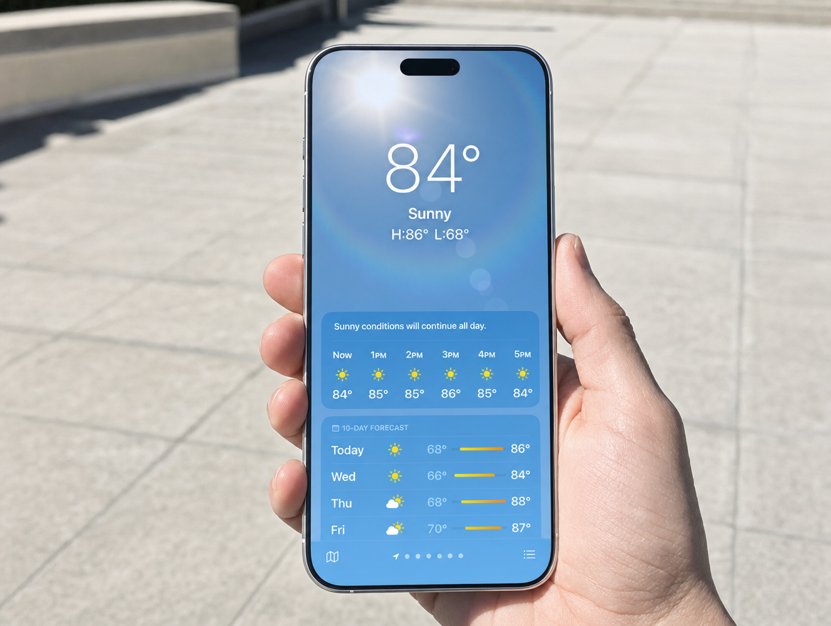 OrigArmor AR on iPhone 18 Pro Max held in harsh midday sun, the Weather app fully readable with zero glare