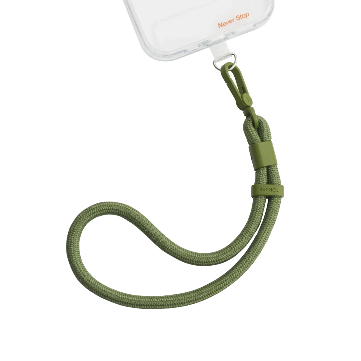 LoopGo Flex wrist phone lanyard in olive green, clipped to a clear phone case