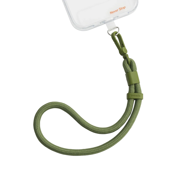 LoopGo Flex wrist phone lanyard in olive green, clipped to a clear phone case