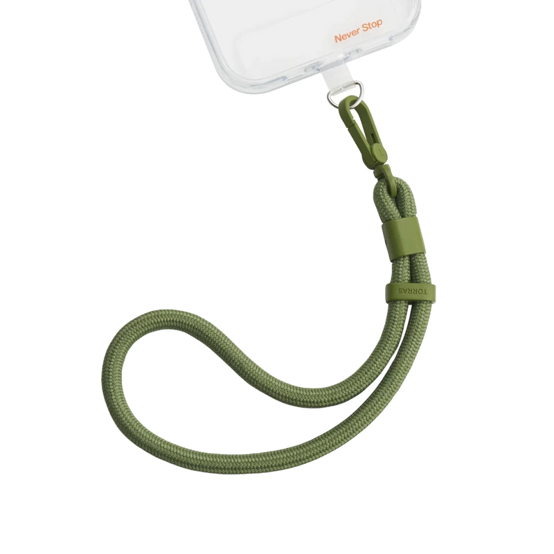 LoopGo Flex wrist phone lanyard in olive green, clipped to a clear phone case