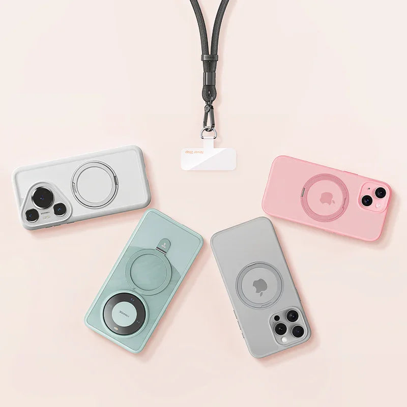 Four phone cases in white, mint, pink and clear arranged around a lanyard adapter pad