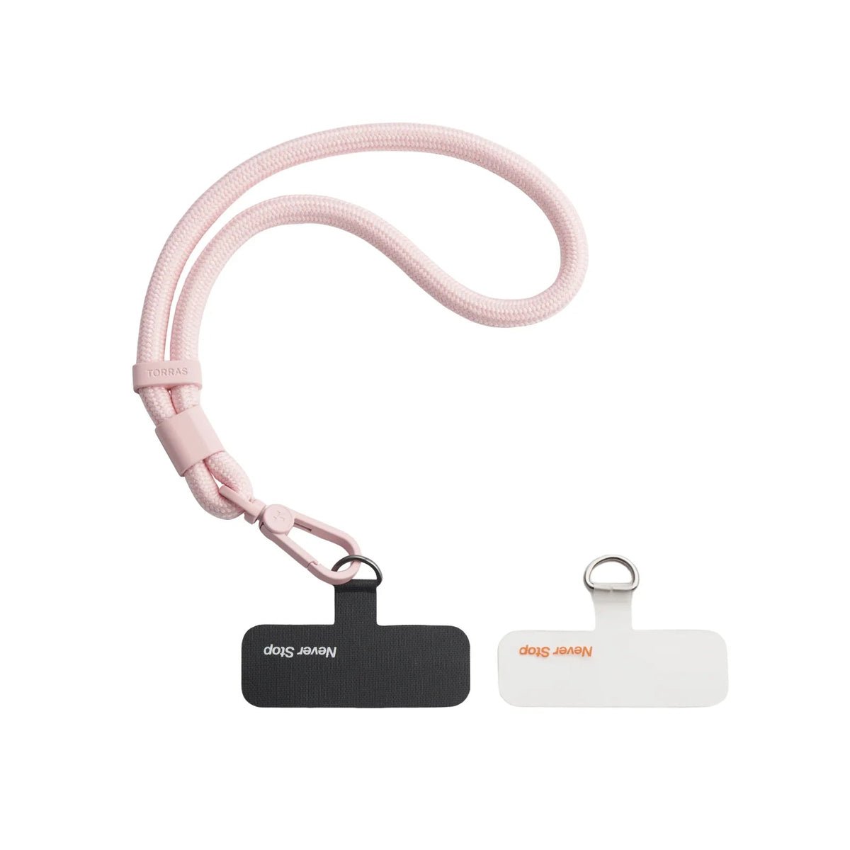 LoopGo Flex wrist phone lanyard in pink shown with its black and white adapter pads