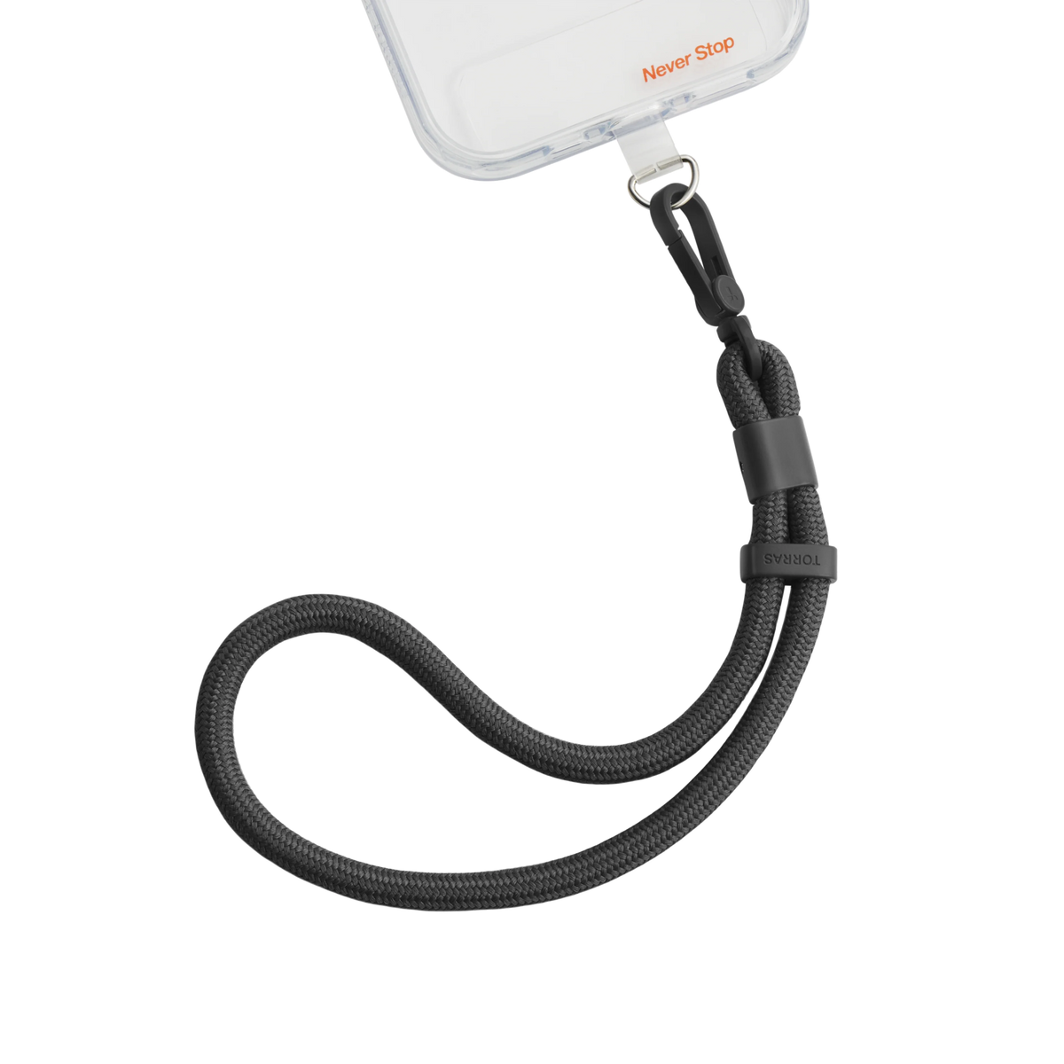 LoopGo Flex wrist phone lanyard in black, clipped to a clear phone case
