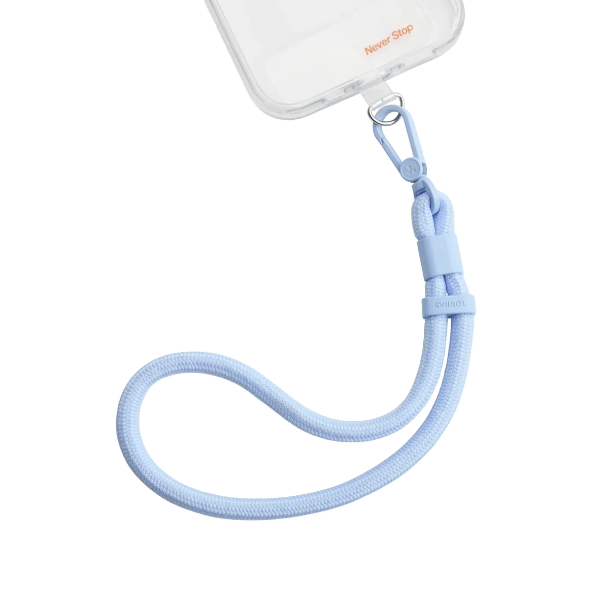 LoopGo Flex wrist phone lanyard in light blue, clipped to a clear phone case