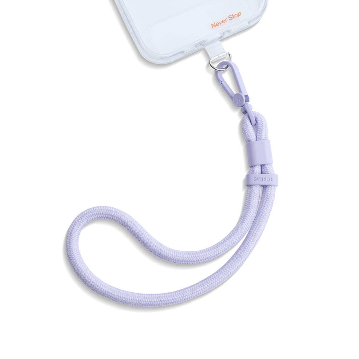 LoopGo Flex wrist phone lanyard in lilac, clipped to a phone case on black