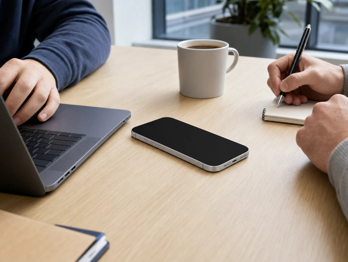iPhone lying on a shared office desk, screen black from every surrounding angle — 4-way privacy