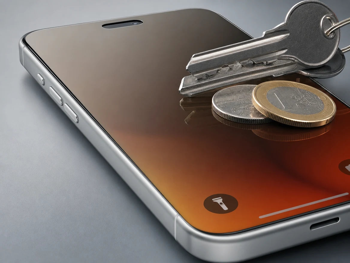 Keys and coins resting on a pristine unscratched screen protector — 9H+ aerospace glass