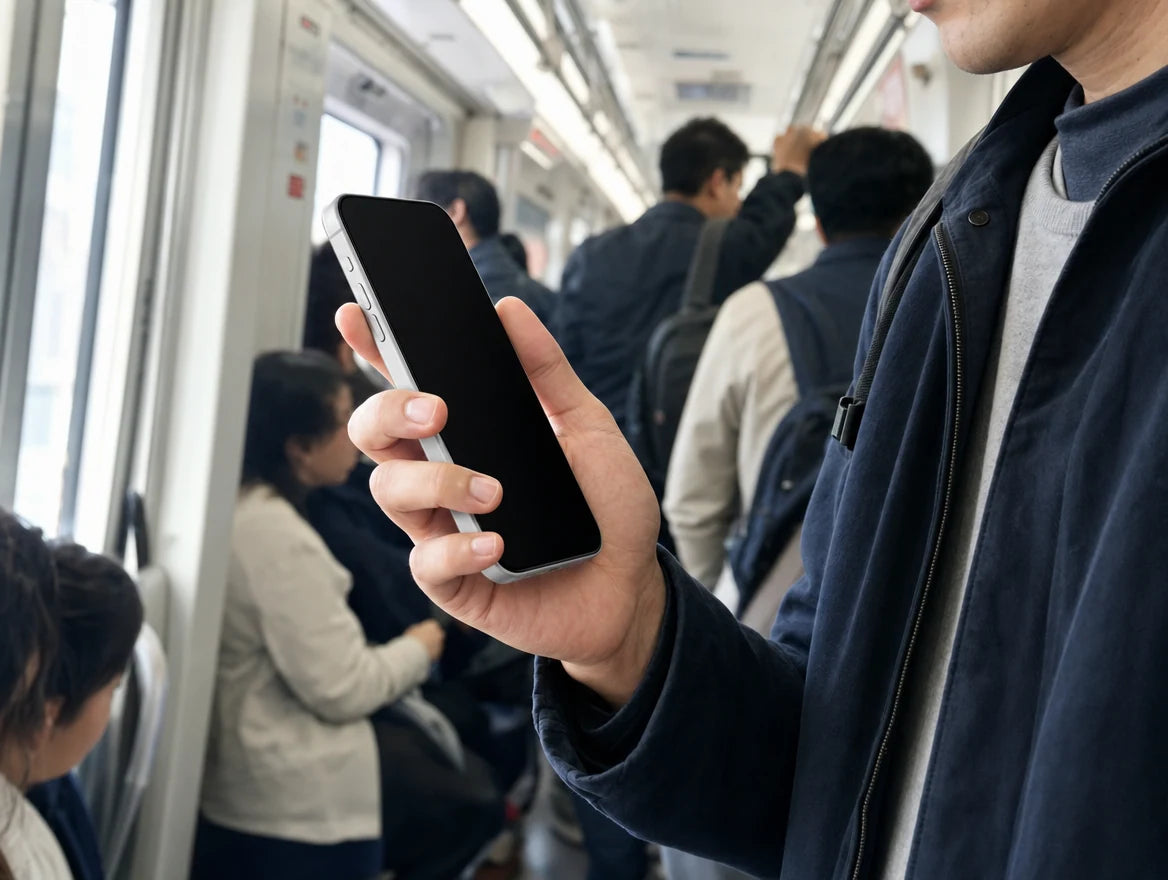 Subway passenger's iPhone screen appears uniformly black from a side viewing angle — 25 degree 4-way privacy