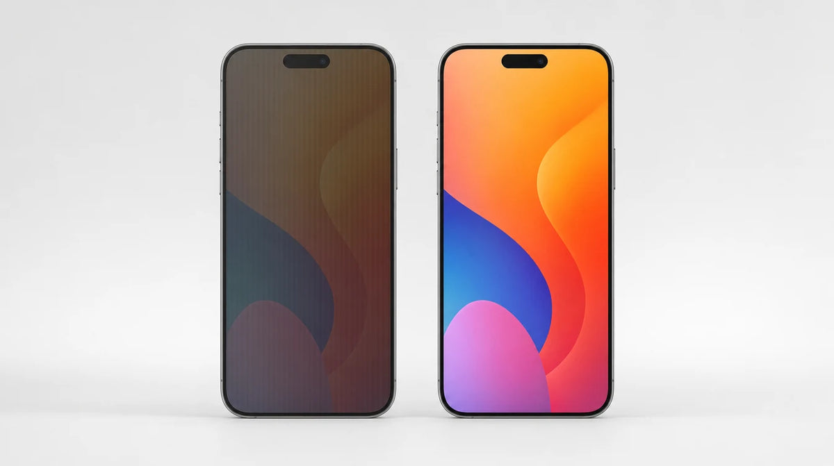 Two iPhones side by side: dim murky louver film vs bright grid-free TORRAS Soft-Light privacy glass