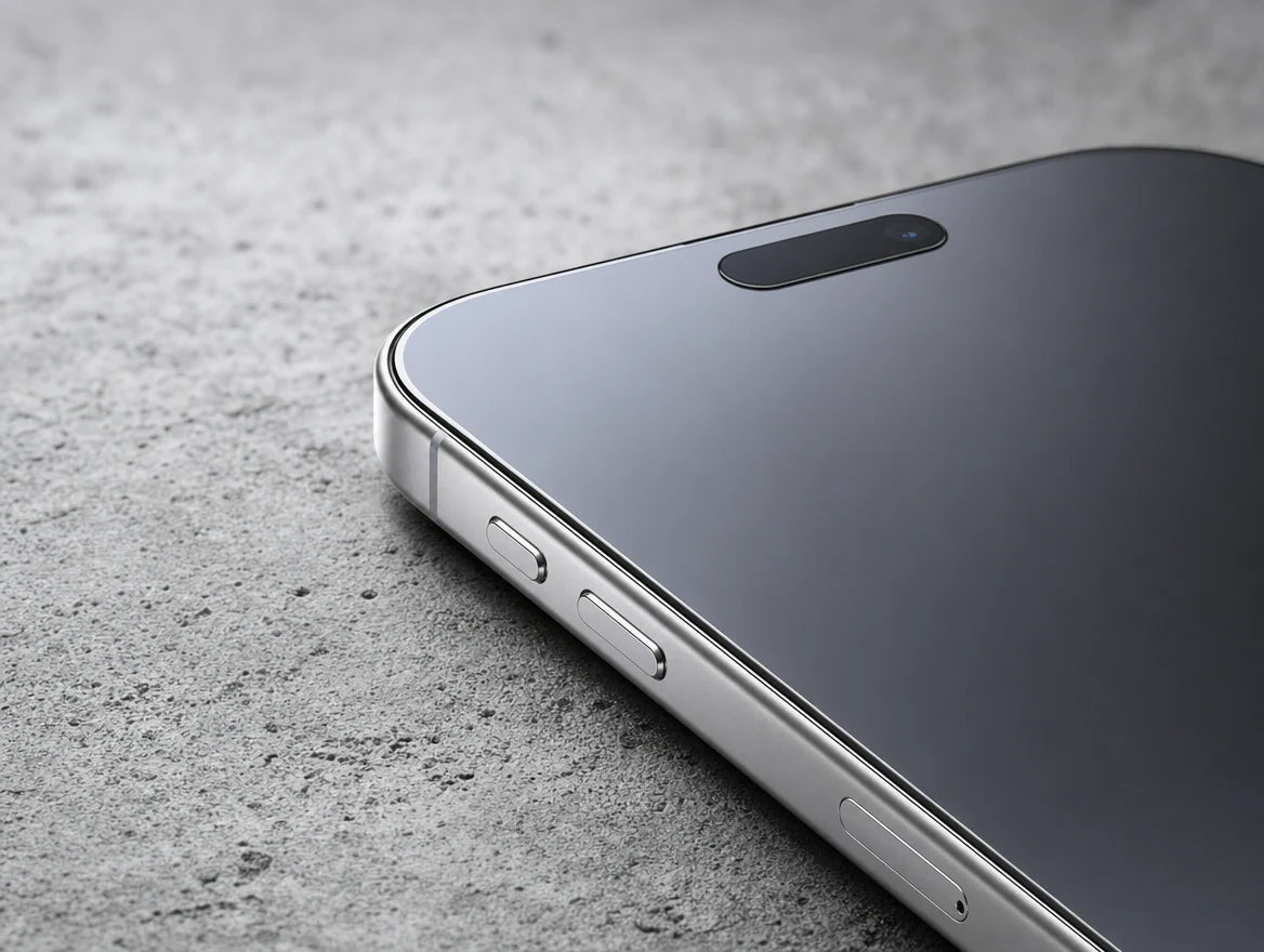iPhone 17 Pro Max corner with privacy glass on concrete — 9H aerospace toughness