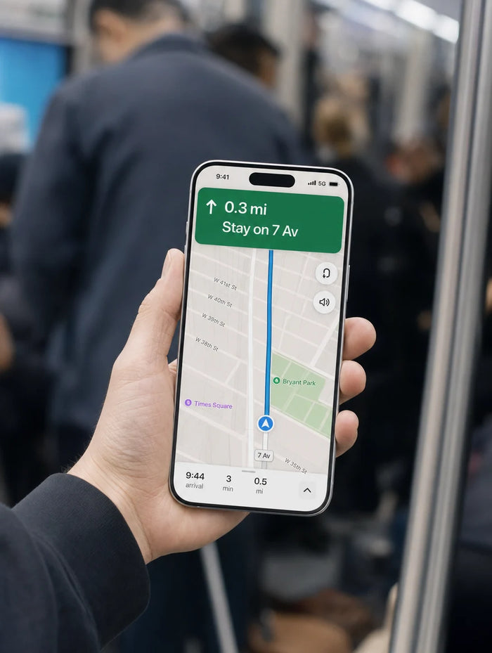 Commuter on a train views Apple Maps navigation on iPhone with privacy glass
