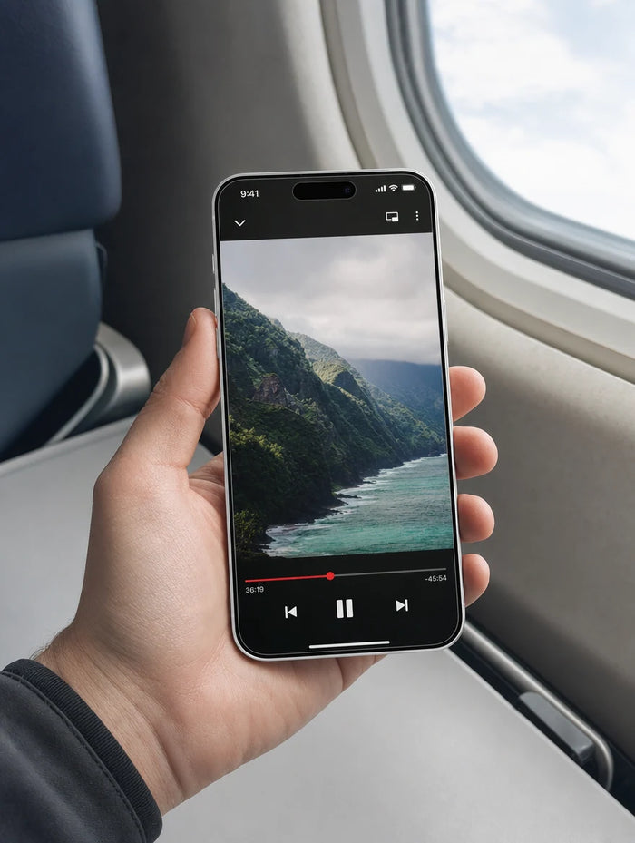 Airplane passenger watches a nature documentary on iPhone with privacy glass