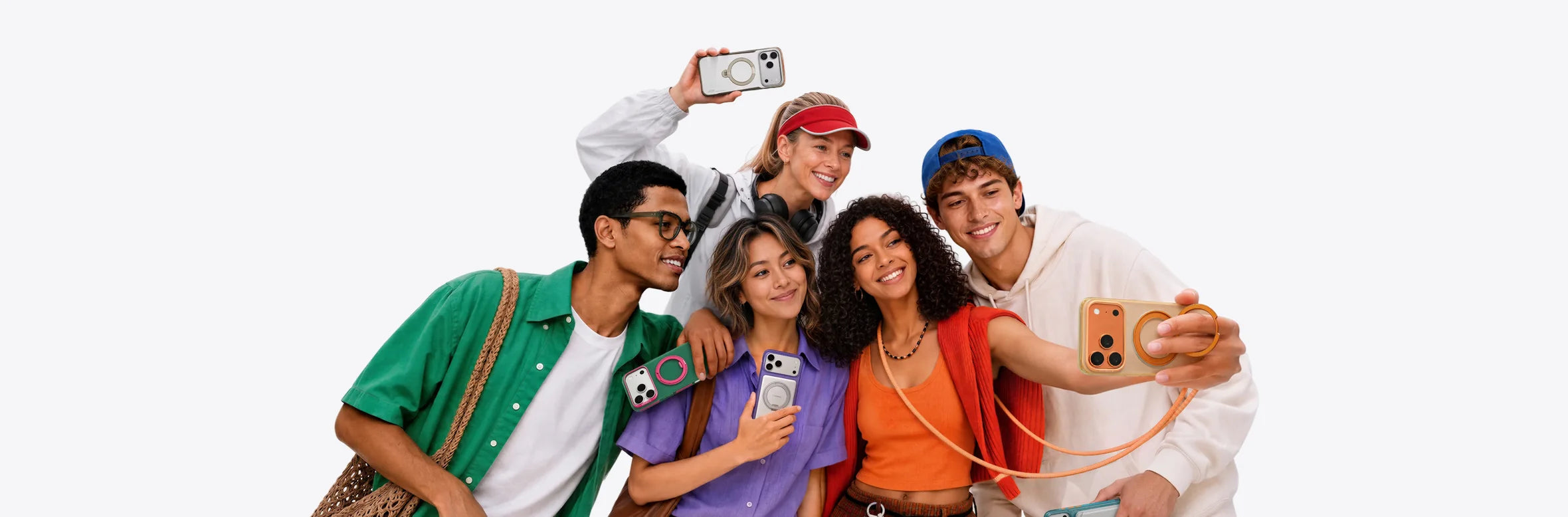Five friends taking a group selfie, their phones in TORRAS cases with ring stands and phone lanyards